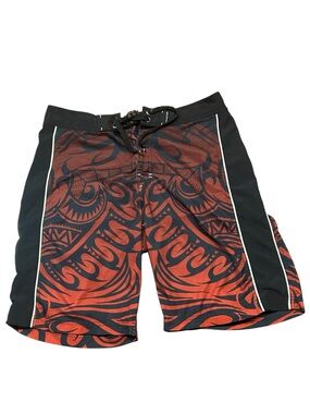 Vtg Y2K Affliction Sunny Tribe MMA Board Shorts Red Black Graphic Mens Size 33